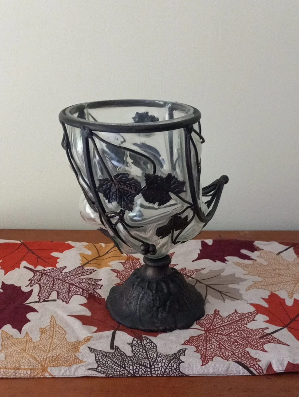 Caged Glass & Wrought Iron Cornucopia Horn of Plenty Fall Centerpiece Vase